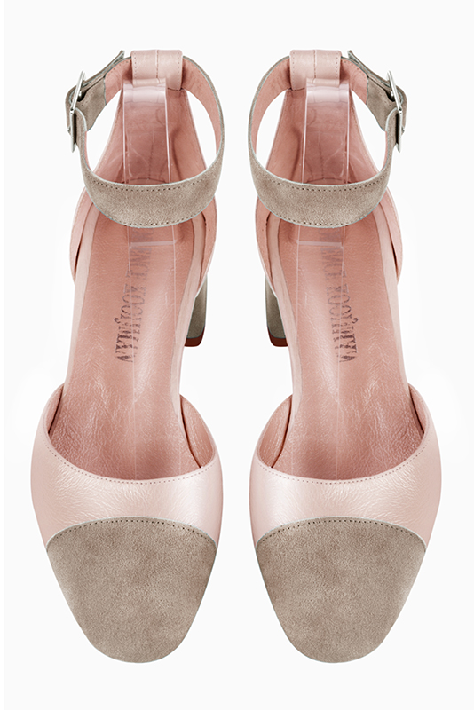 Tan beige and powder pink women's open side shoes, with a strap around the ankle. Round toe. Low flare heels. Top view - Florence KOOIJMAN